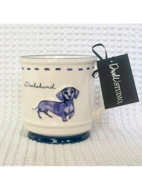 Dwell Studio Dachshund Jumbo Coffee Mug Viral Blue White Cute Doxie Dog Gift NWT